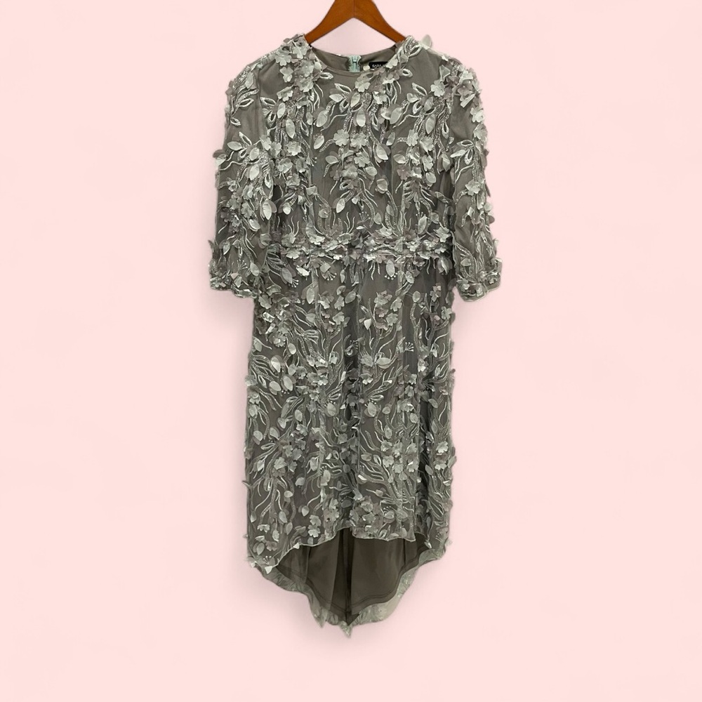 Foxy silver gray light blue 3d floral Sara Navon high low gown midi